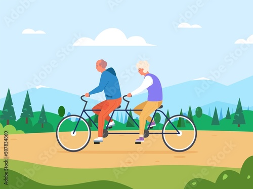 Seniors tandem bike. Old couple ride on couplebike, cute grandpa grandmother travel cycling, grandparents arthritis biking bicycle health fitness elderly people vector illustration