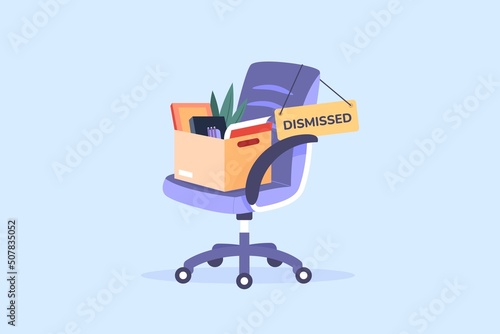 Chair dismissed employee. Quitting job worker, box of fired businessman leaving office resign job dismiss work person unemployment layoff people lost employment vector illustration photo