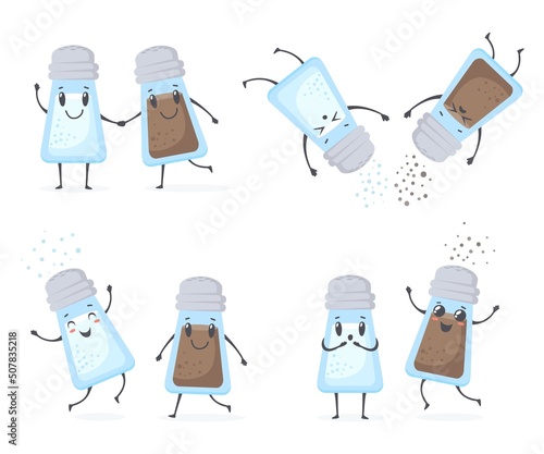 Salt pepper shakers character. Cartoon cute sprinkle seasoning shaker, kawaii funny condiment smiling expression, sprinkling salty powder smile bottles, neat vector illustration