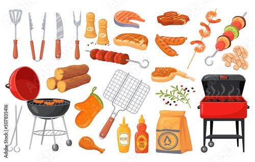Cartoon bbq elements. Summer barbecue, burning grill picnic food roasted beef steak fish meat menu cooking chef grilling hamburger kebab sausage vegetable, neat vector illustration