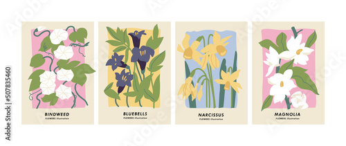 Vector illustration set of botanical posters different flowers. Art for for postcards, wall art, banner, background.