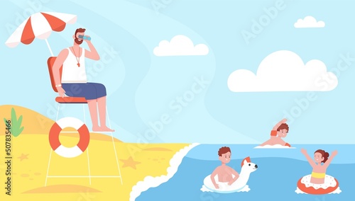 Lifeguard watching kids. Beach lifesaver on tower, safety rescuer help drowning children lifebuoy swim in danger water sea or ocean fun kid protection, splendid vector illustration