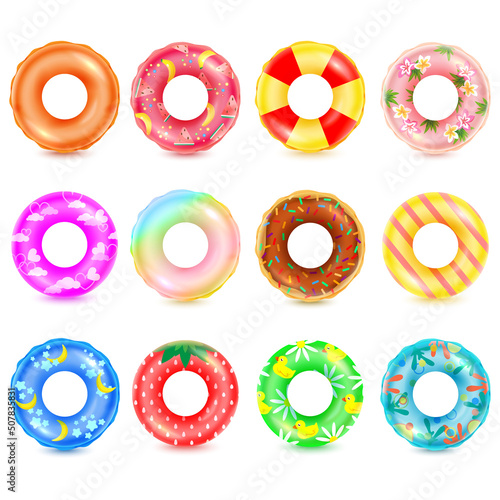 Realistic rubber ring. 3d swim accessories inflatable wheel swimming pool lifebuoy sea floating, inflatables summer beach toy round balloons