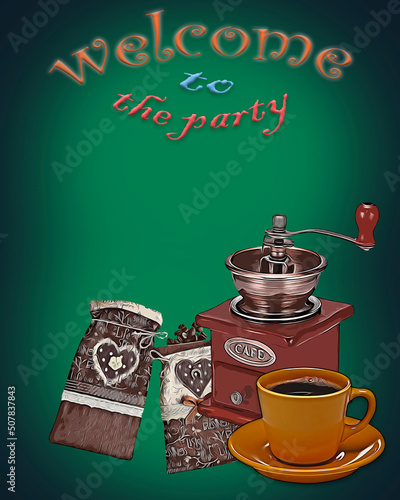 Wallpaper Mural Party invitation card with coffee bag, coffee grinder, cup Torontodigital.ca