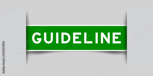 Inserted green color label sticker with word guideline on gray background