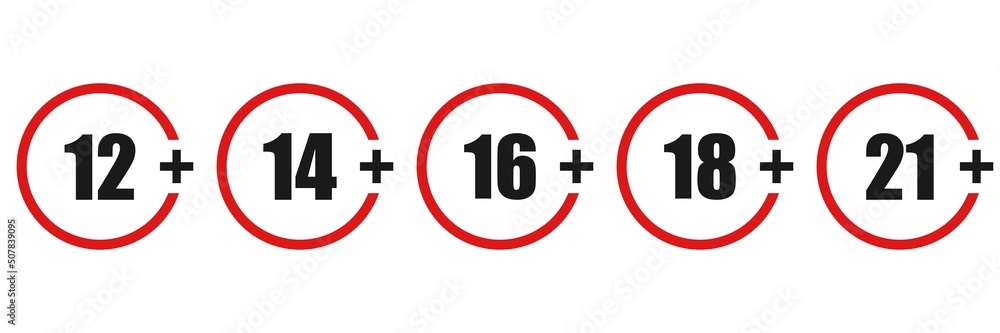 Set of age restriction icons. Age limit concept. 12, 14, 16, 18, 21 plus. I Isolated icons on white background. Vector illustration. Set of age restriction icons. Age limit concept. 12, 14, 16, 18, 21 plus. I Isolated icons on white background. Vector illustration.