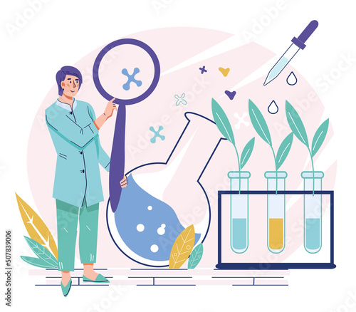 Scientist in laboratory exploring new methods of plant breeding and studying genome. Bioengineering and agronomy researches, vector cartoon flat illustration isolated on background.
