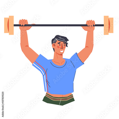 Athletic man or sportsman with barbell, flat vector isolated on white. Bodybuilding or gym personage for fitness club and sport training theme.