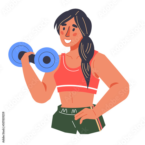 Athletic woman doing sport exercises with dumbbell, flat vector isolated on white. Bodybuilding or gym sport training. powerlifting and crossfit character. Active sport lifestyle.