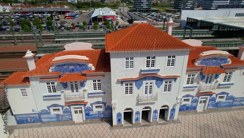aerial view of Historic building of old Aveiro Railway station ornamented with typical blue azulejo tile exterior