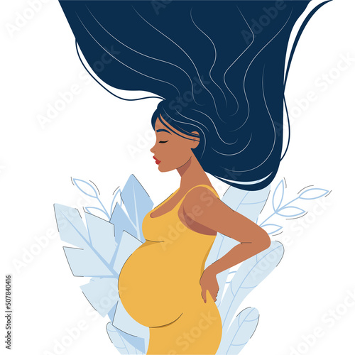Flat vector illustration. Happy pregnant woman, mother-to-be. Decorated with beautiful leaves.