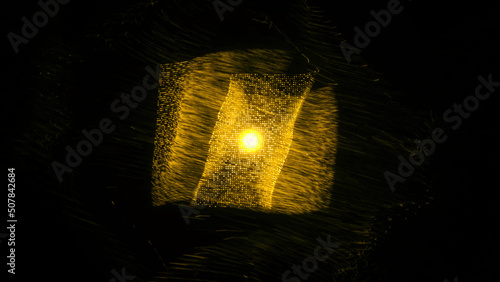 Abstract animation of rotating figure consisting of small moving particles changing their color on black background. Animation. 3D motion graphics  4K abstract animation.