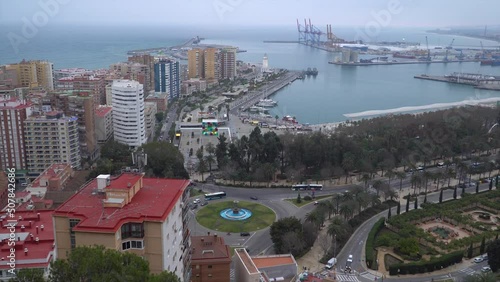 Panorama cityscape aerial view of Malaga, Spain. Plaza de Toros de Ronda bullring in Malaga, Spain. 28.02.2022