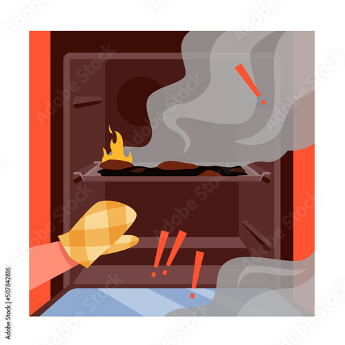 Hands in fireproof protection open oven door with fire and smoke inside, accident in kitchen vector illustration. Cartoon person in gloves making cookies in burning tray, burnt food background