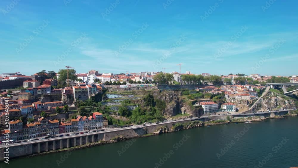 Aerial drone view of Porto Embankment over the river Douro at sunny day Aerial drone view of Porto Embankment over the river Douro at sunny day