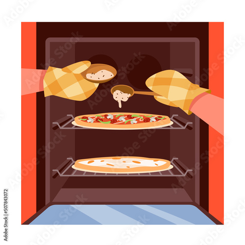 Hands in fireproof gloves open oven door and put cheese on top of homemade pizza vector illustration. Cartoon person cooking food in home kitchen, chef in mittens baking stuffed dough background