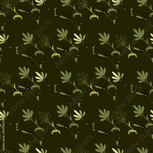 Vector monochrome floral pattern in marsh colors, low-key coloring. Doodle flowers, stylization, for design fabric, paper.