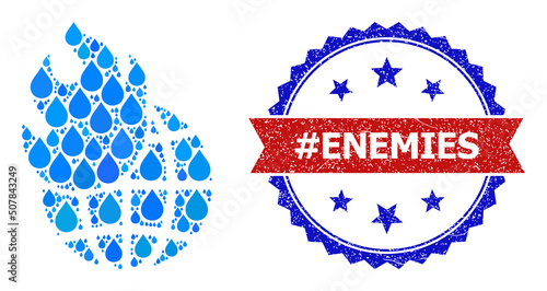 Vector mosaic world fire, and bicolor scratched #Enemies seal stamp. World fire mosaic for pure water advertisement. World fire is created from blue clean liquid drops.