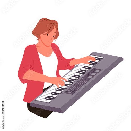 Woman playing electric piano vector illustration. Cartoon female pianist standing near synthesizer musical instrument to play melody, talent musician playing keyboard on stage isolated on white