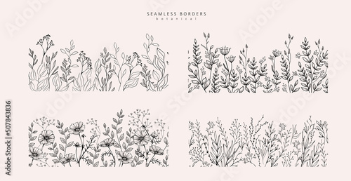 Seamless botanical background or border with trendy greenery and minimalist flowers. Vintage foliage with various leaves. For wedding invitation, wall art or card. Minimal line art