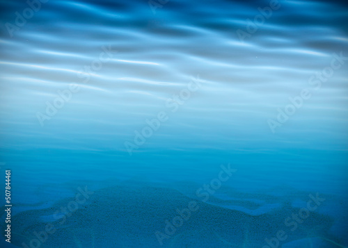 Underwater background, water surface, sandy bottom with space for text