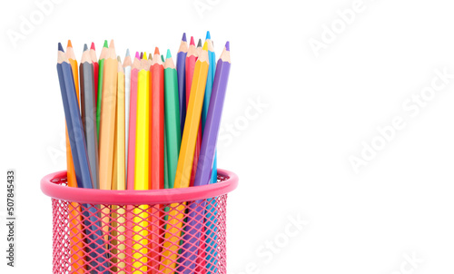 Colored pencils in pencil box isolated on white background.