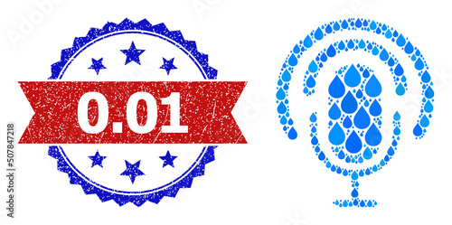 Vector mosaic podcast, and bicolor textured 0.01 seal. Podcast mosaic for pure water advertisement. Podcast is composed with blue pure liquid raindrops. Red seal contains 0.