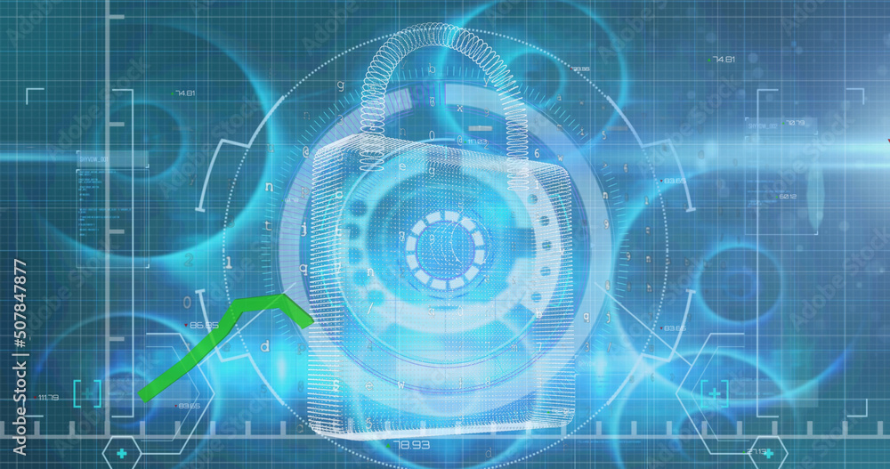 Image of financial data and graphs over digital padlock on blue background Image of financial data and graphs over digital padlock on blue background