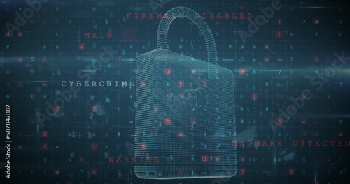 Image of security padlock and data processing over navy background