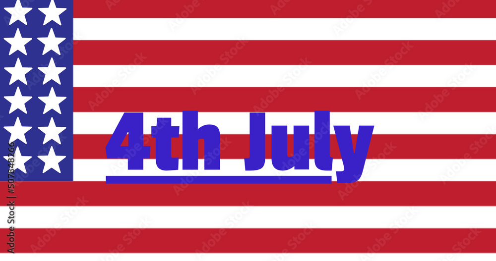 Image of 4th july text over colours of american flag