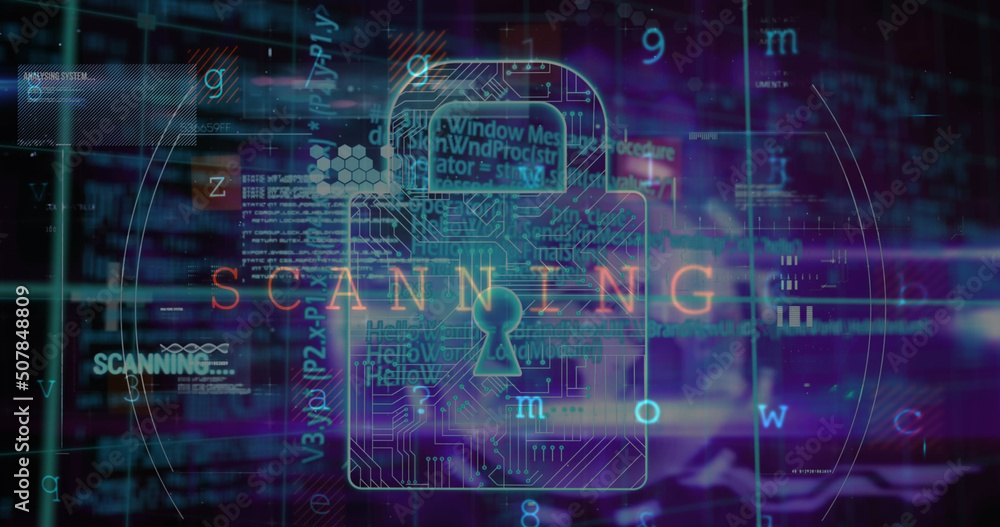 Image of security padlock and data processing over navy background