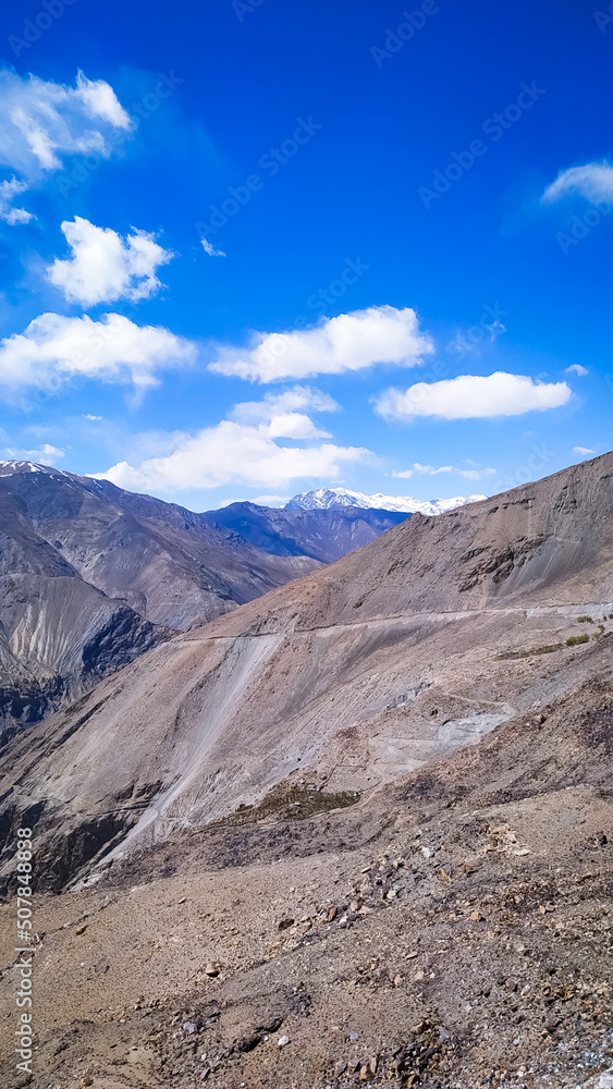 Amazing valley with blue sky with clouds  in India. Mountain valley. Travel in Himachal Pradesh. Nature