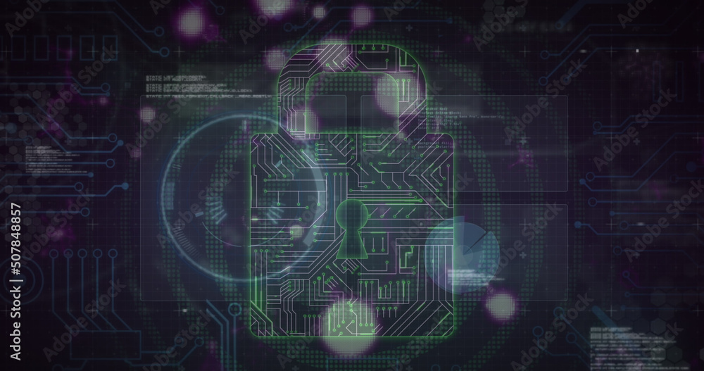 Image of security padlock and data processing over navy background Image of security padlock and data processing over navy background
