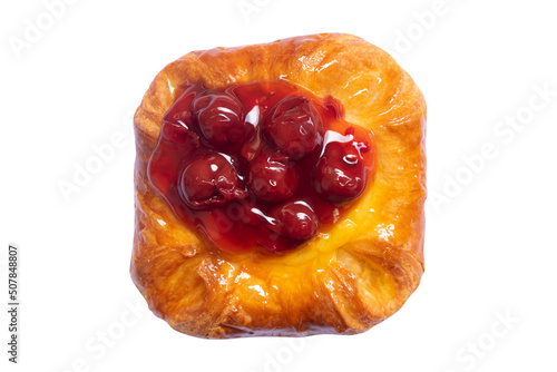 Cherry danish pastry dough isolated on white background photo