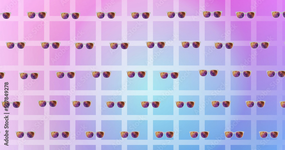 Image of glasses over pink checked background Image of glasses over pink checked background