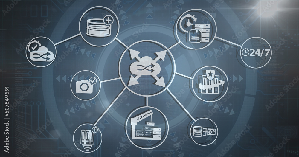Digital image of network of multiple digital icons against round scanner on blue background Digital image of network of multiple digital icons against round scanner on blue background