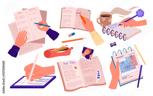 Human hand writing notes in different notebooks. Private life moments, share thoughts and feelings, day schedule and time management, to do tasks book, recording reminders vector illustration