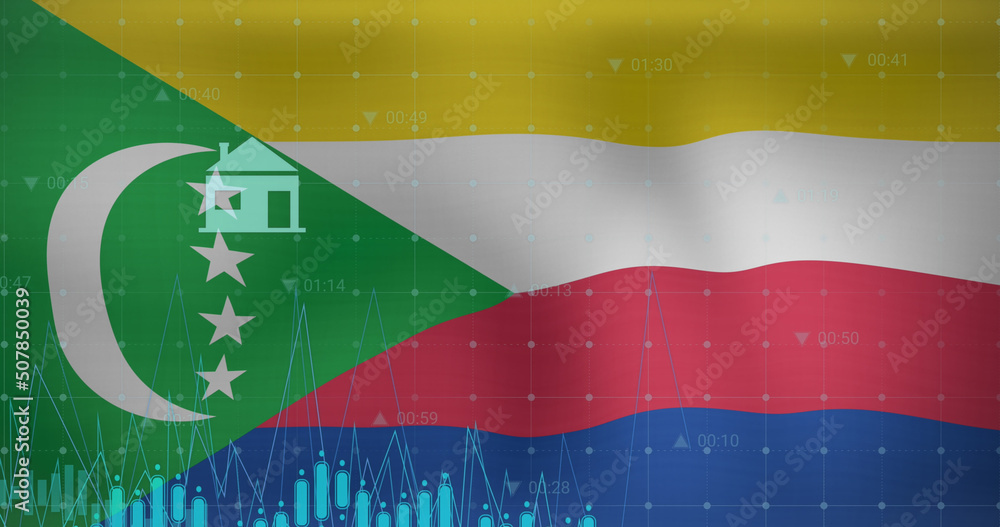 Naklejka premium Image of data processing over flag of comoros