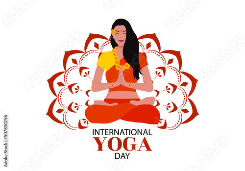 Woman meditating in lotus pose. Mandala vector. International Yoga Day June 21st celebrations of world yoga day. Vector banner
