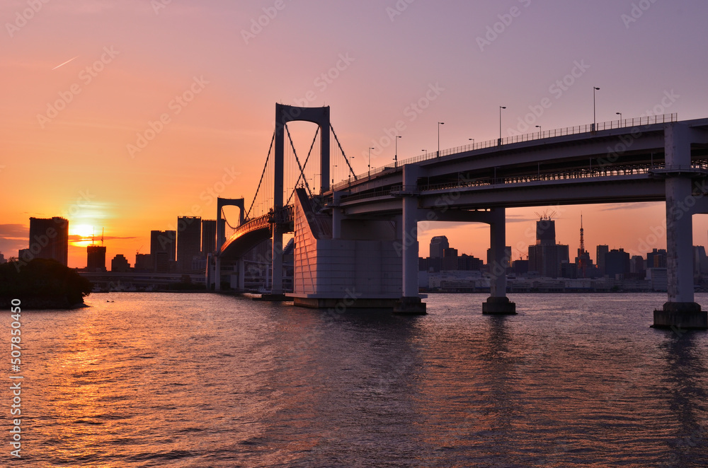 Fototapeta premium 台場公園から見る夕日に染まるレインボーブリッジと東京の風景