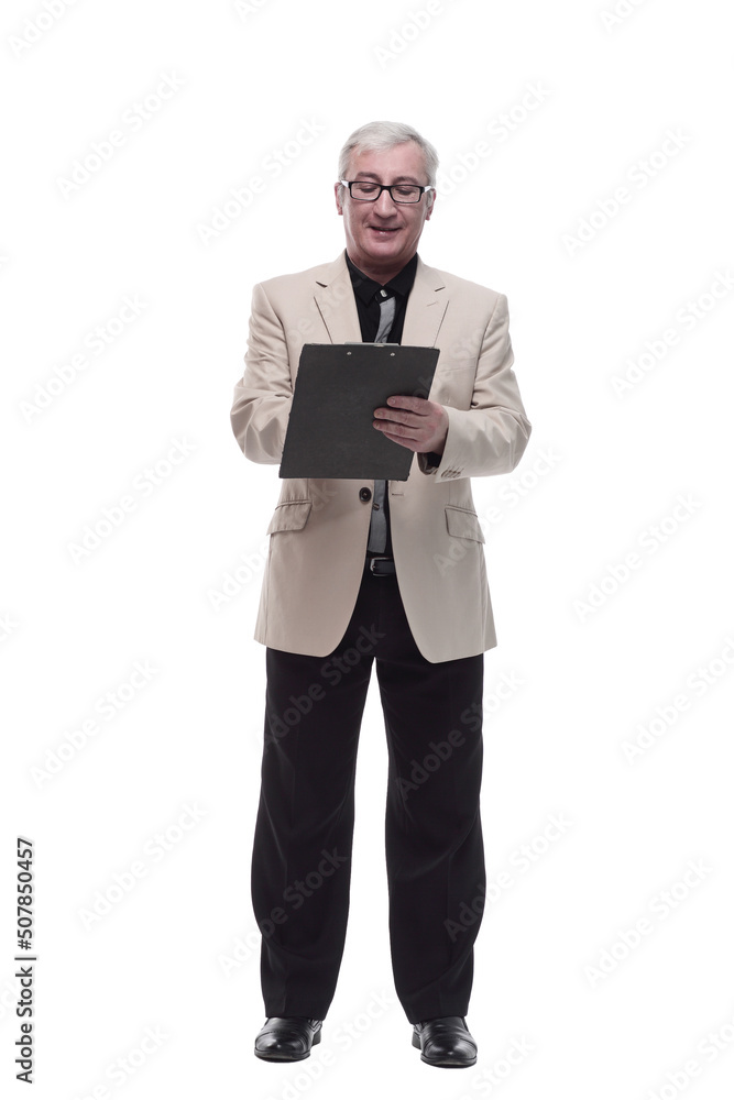 in full growth. Mature intelligent man with a clipboard. in full growth. Mature intelligent man with a clipboard.