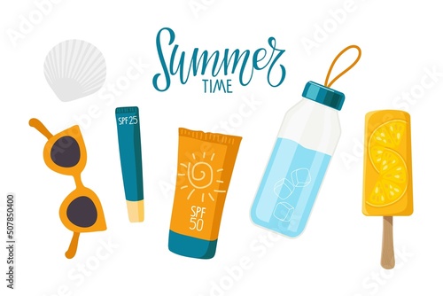 Summer time. Things necessary on beach for health. Sunscreen cosmetics, water bottle, sunglasses, ice cream, shell. Product for Summer Protection set. Cartoon vector illustration. Sun collection