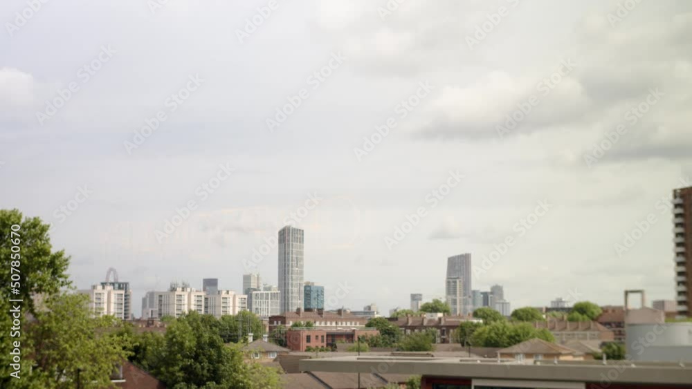 Static wide angle establishing shot of East London skyline with skyscrapers Static wide angle establishing shot of East London skyline with skyscrapers
