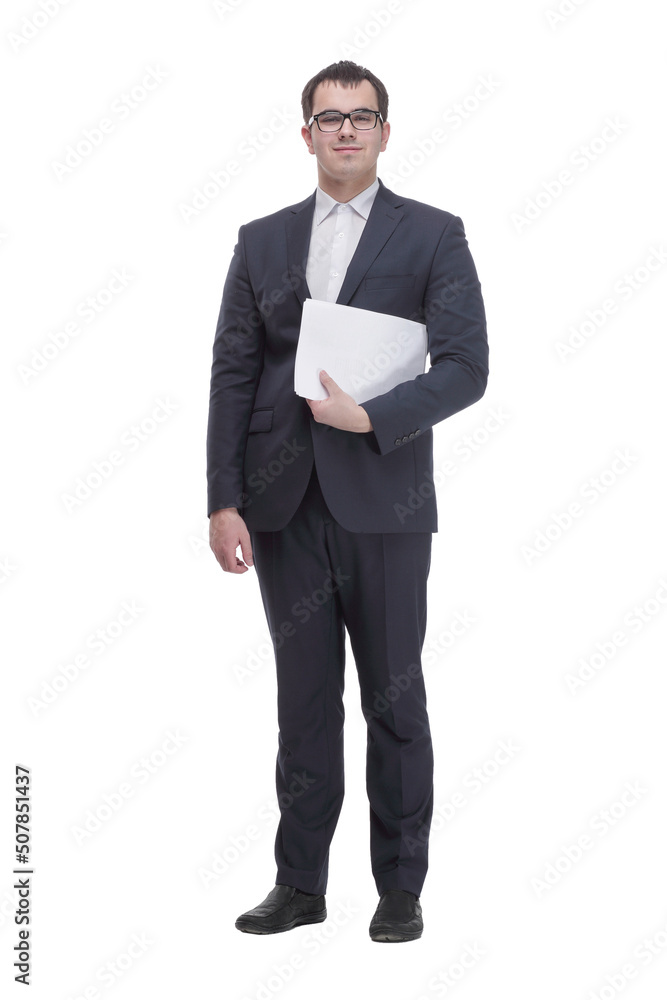 Business man in glasses and formalwear is readin a document while standing against a white background Business man in glasses and formalwear is readin a document while standing against a white background