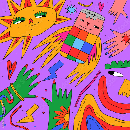 psychedelic 1970 -  groovy poster.Cool placard with rainbows, smartphone,character.Punk rock square postcard in hippie style.Funky 70s good vibes,trippy art.Modern naive concept.Internet addiction