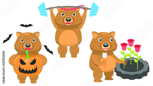 Set Abstract Collection Flat Cartoon Different Animal Wombats Stands With A Pumpkin And Bats Around, Goes In For Sports With A Barbell, Planting Roses In A Flower Bed Vector Design Fauna Wildlife