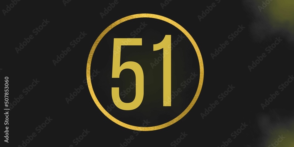 Number 51. Banner with the number fifty one on a black background and gold details with a circle gold in the middle