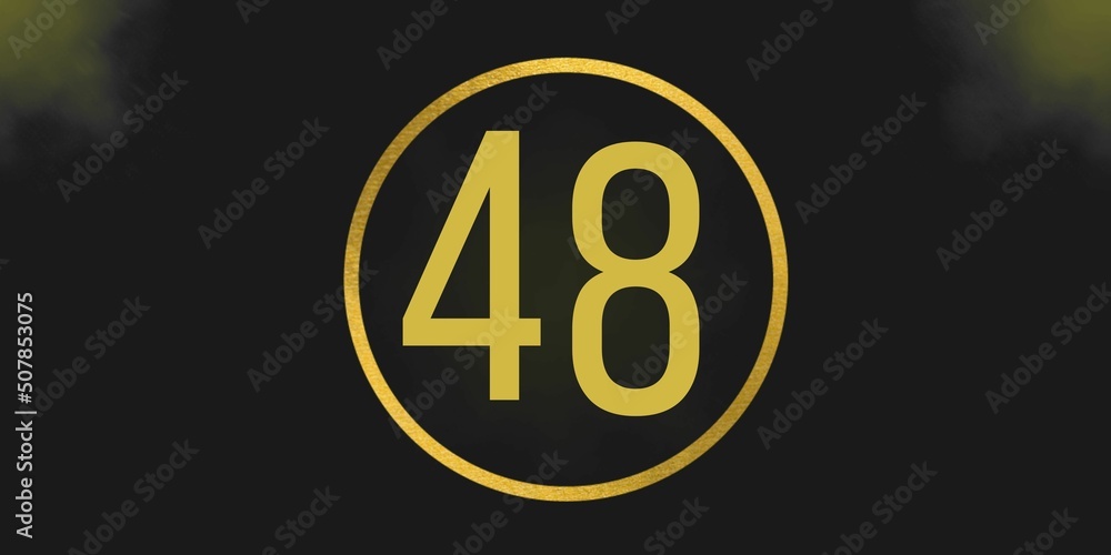 Number 48. Banner with the number forty eight on a black background and gold details with a circle gold in the middle Number 48. Banner with the number forty eight on a black background and gold details with a circle gold in the middle