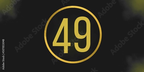 Number 49. Banner with the number forty nine on a black background and gold details with a circle gold in the middle photo