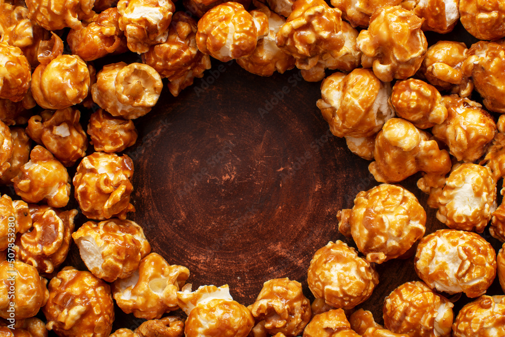 Caramelized sweet popcorn flakes gluten free food frame with copy-space